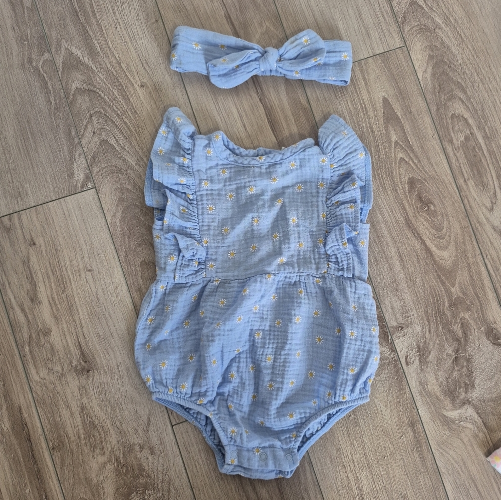 Little Me Blue Floral Bodysuit with Headband